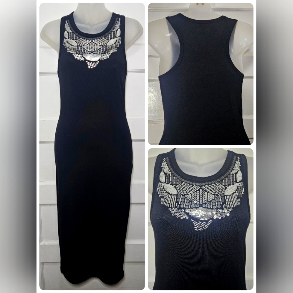 Express Black Midi Racer Back Bodycon With Silver Sequin/Bead Bib Neckline Sz S